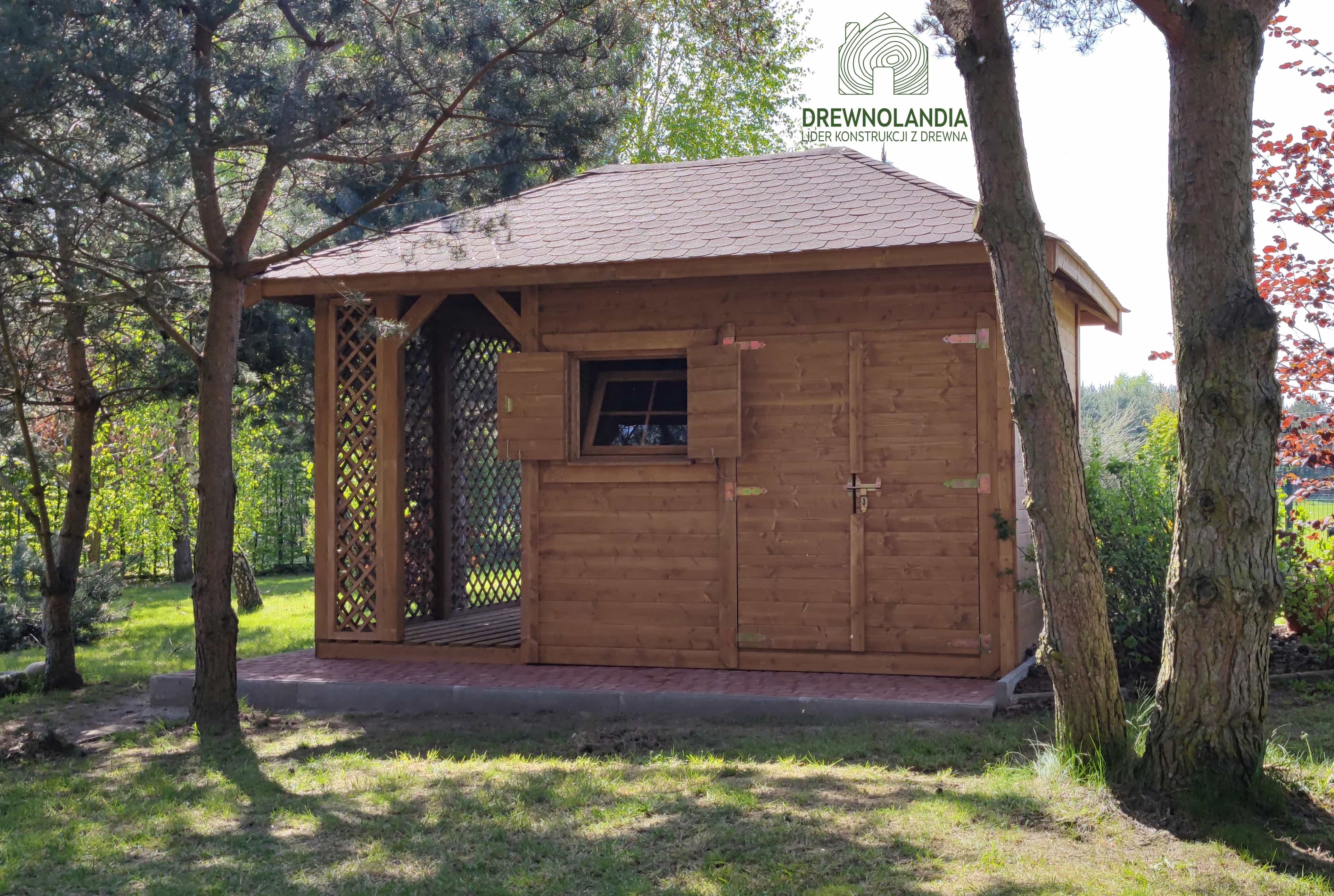 Domek narzędziowy z drewutnią Kacper, trwała drewniana konstrukcja 4,5x3 m