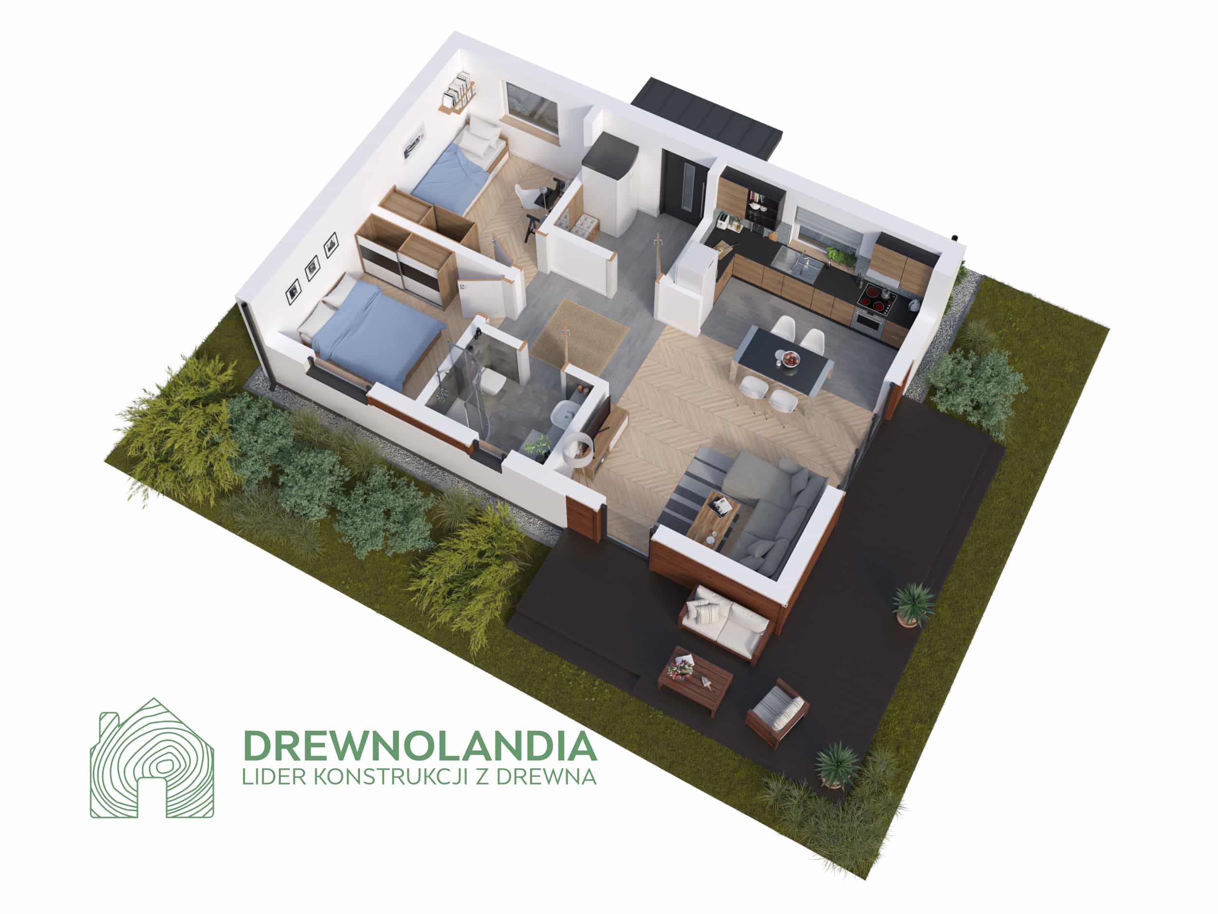 Rzut domu Drewnolandia V1 – układ funkcjonalny na 70m²