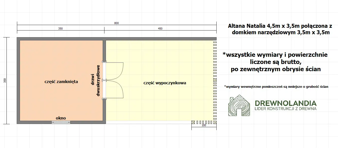 Domek narzędziowy Nataniel 8m x 3,5m z przestrzenią wypoczynkową