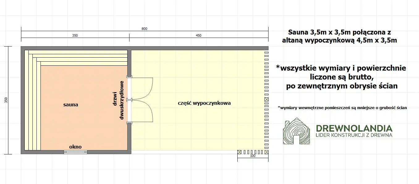 Sauna ogrodowa 8m x 3,5m z przestrzenią wypoczynkową