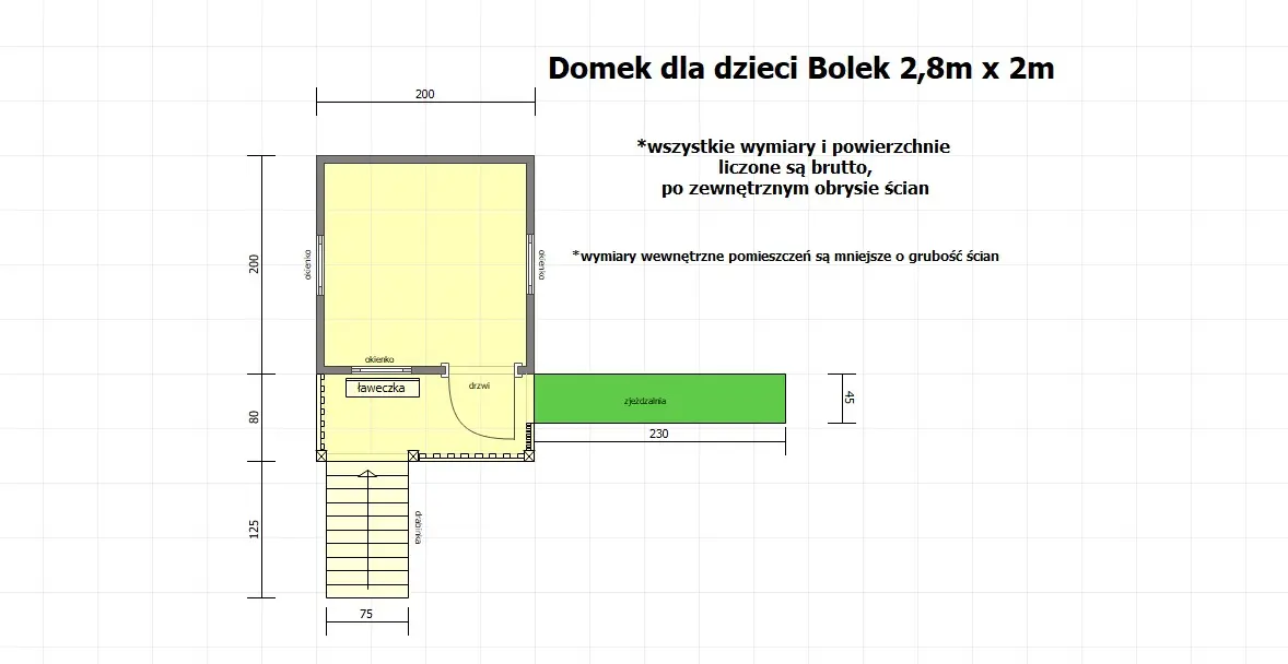 Rzut Domek dla dzieci Bolek - 2,8m x 2m z małym placem zabaw