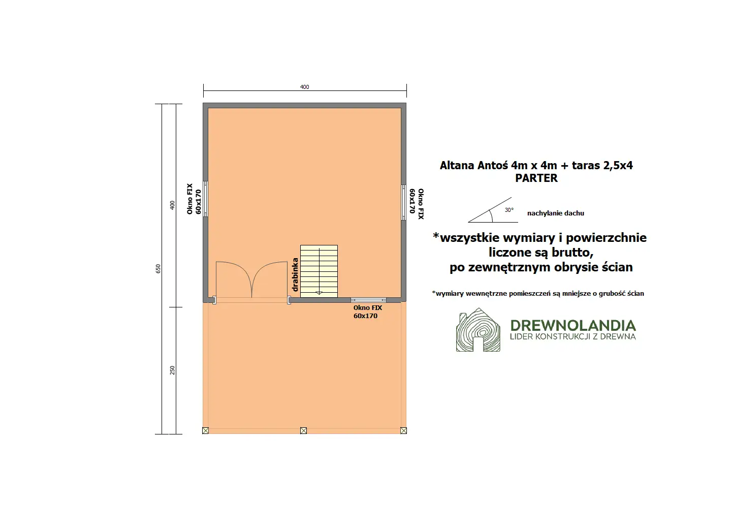 Domek ogrodowy z tarasem Antoś 4m x 4m + 2,5m x 4m