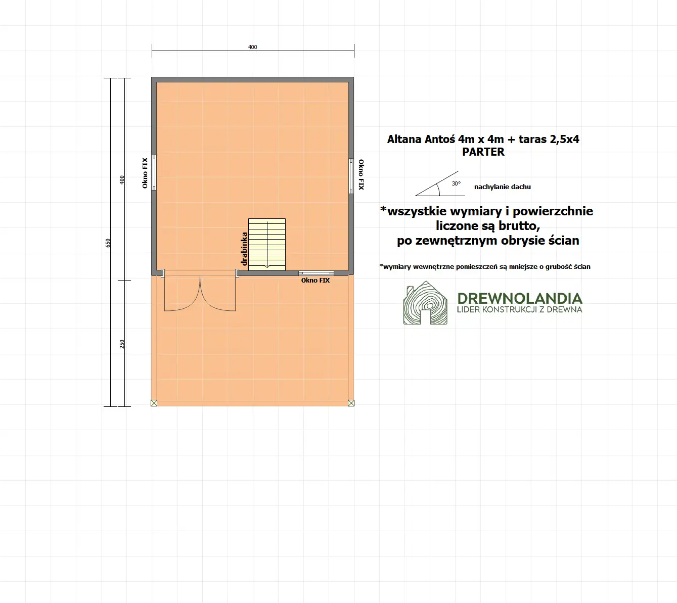 Domek ogrodowy z tarasem Antoś 4m x 4m + 2,5m x 4m