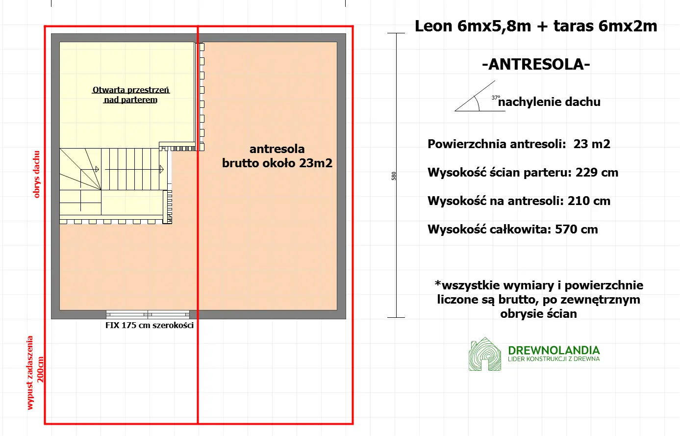 Rzut Domek Leon III 6m x 5,8m + taras 6m x 2m (SSO)