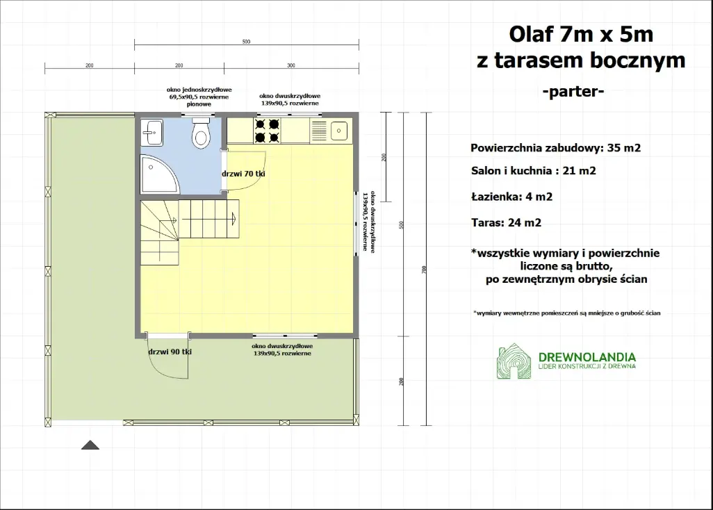 Rzut Domek Olaf 7x5m z tarasem bocznym 7x2m (WT2021)