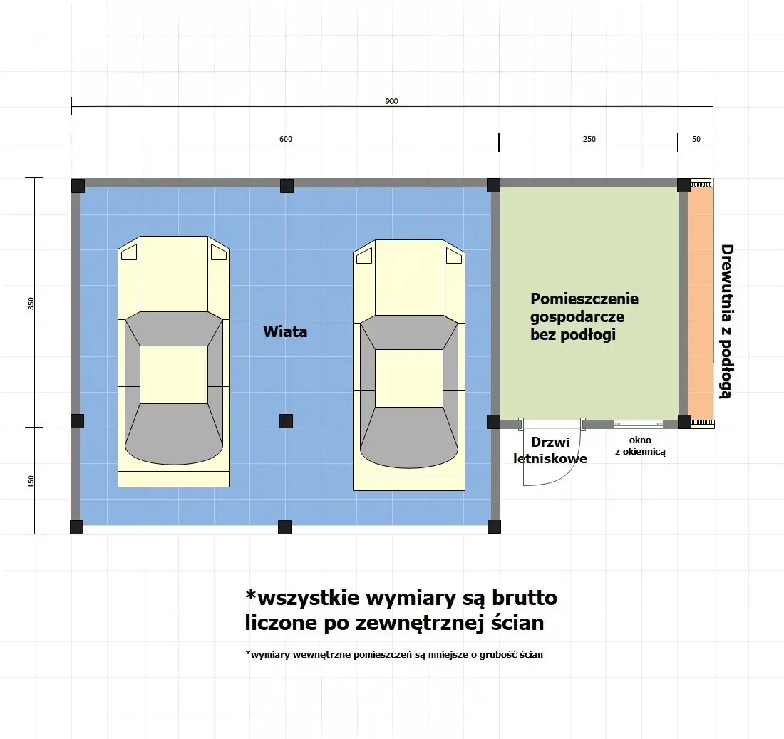 Rzut Wiata Oliwia Bis - 9x3,5m + zadaszenie przednie - 6x1,5m
