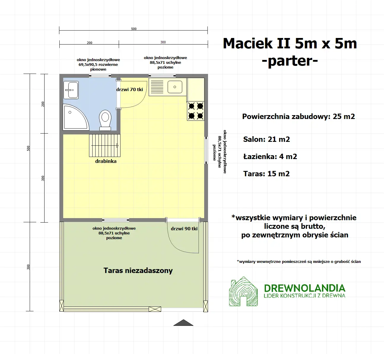 Domek z drewna Maciek II 5x5 + tars 5x3m  