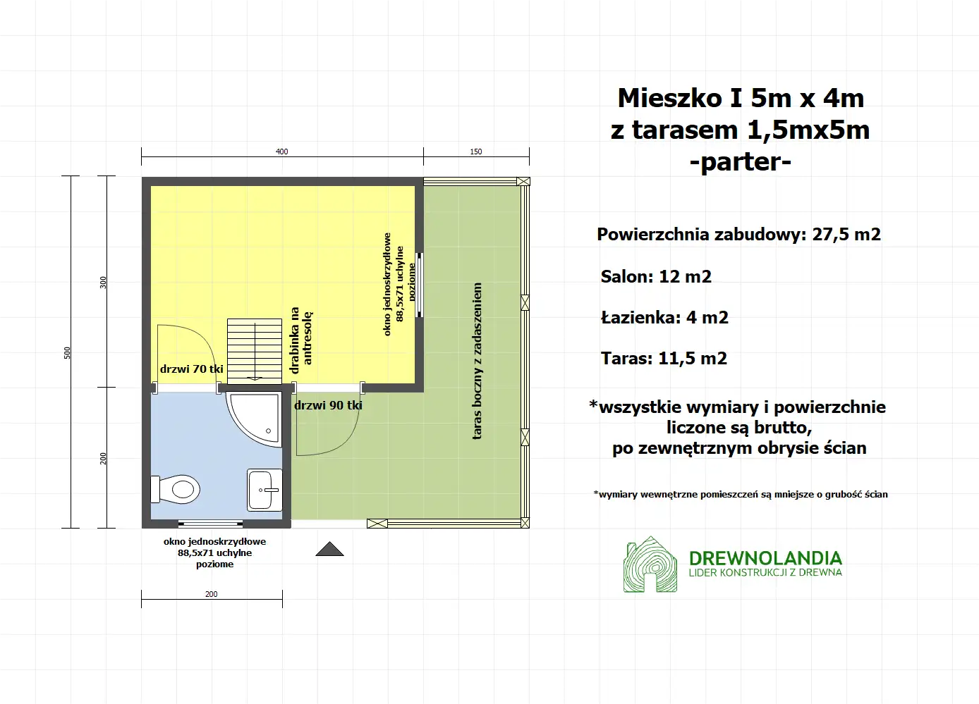 Domek Ogrodowy Mieszko I 4x5m + taras  boczny 1,5x5m
