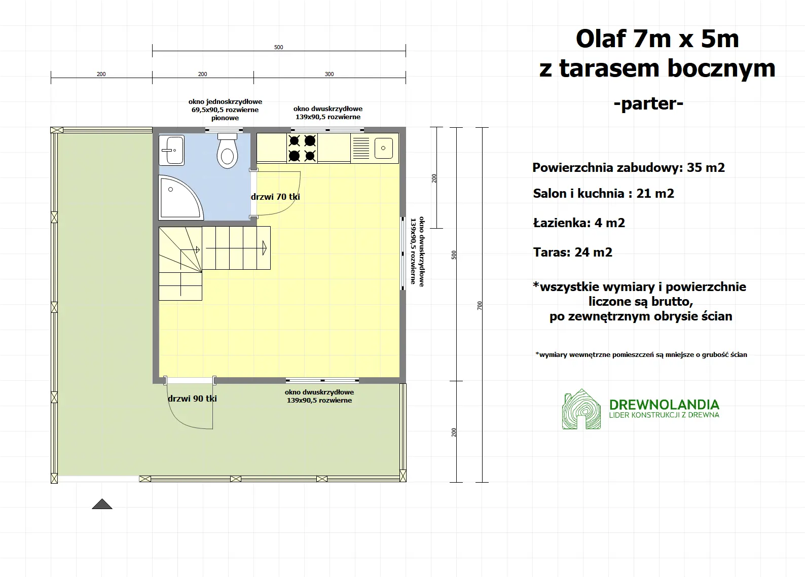 Rzut Domek Olaf 7x5m z tarasem bocznym 7x2m (SSZ)