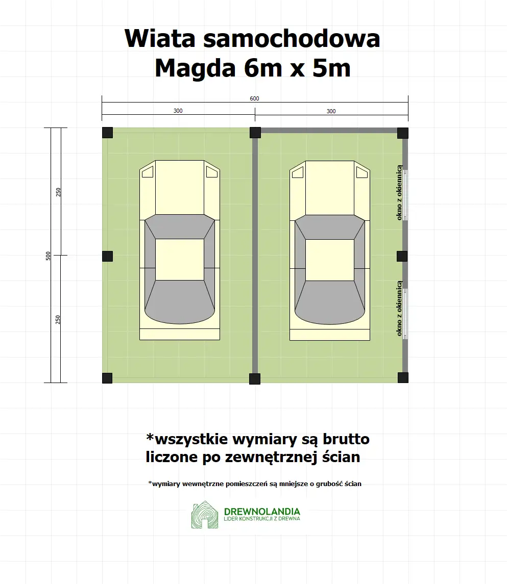 Wiata samochodowa Magda 6x5m – Garaż dla dwóch aut z pomieszczeniem gospodarczym