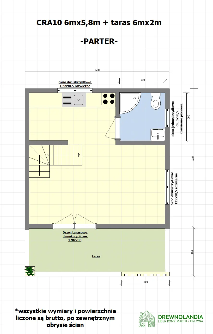 Rzut Domek Leon III 6m x 5,8m + taras 6m x 2m – 35 m² (WT2021)