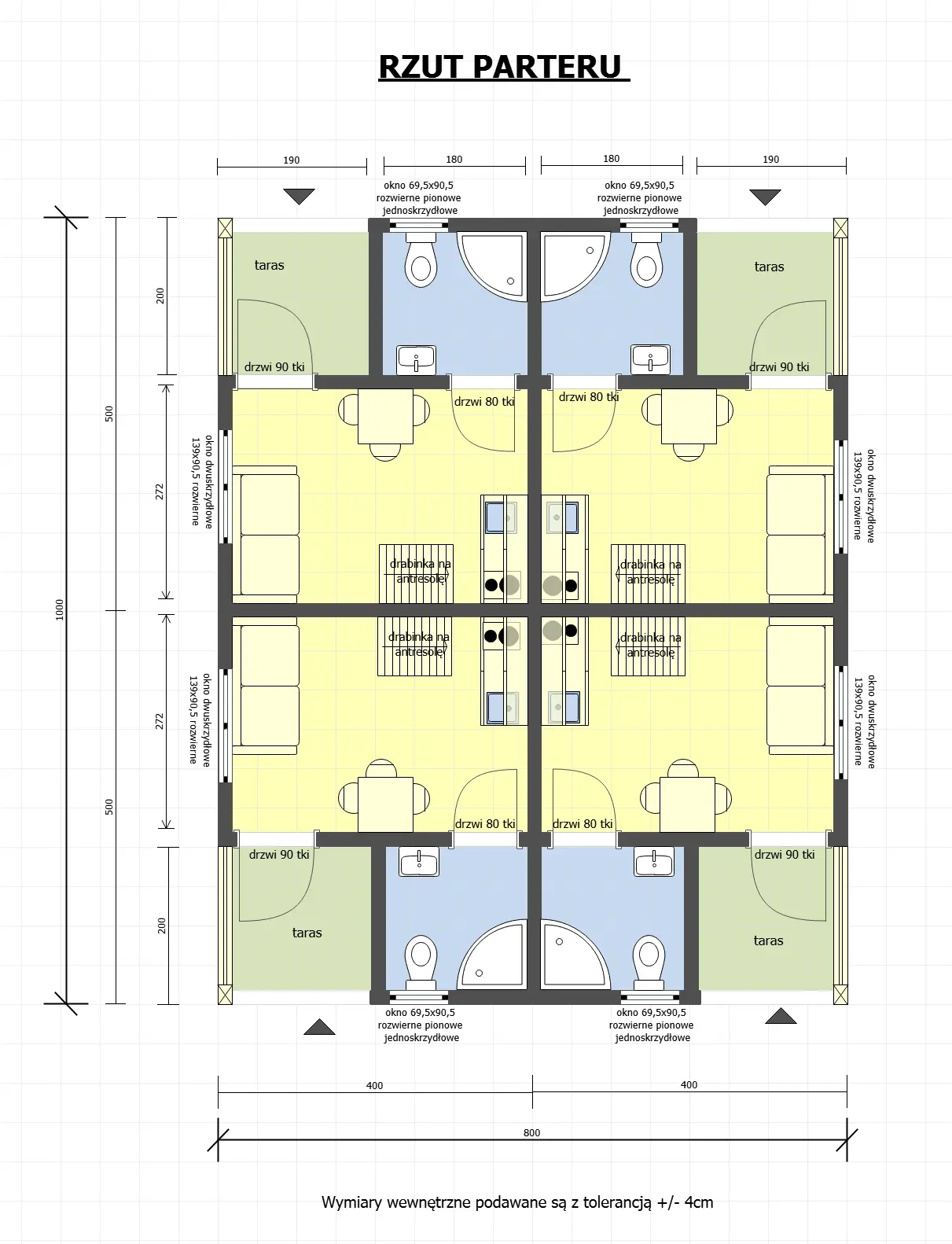 Rzut Domki W1X4 – 80 m2 – 4 domki w 1