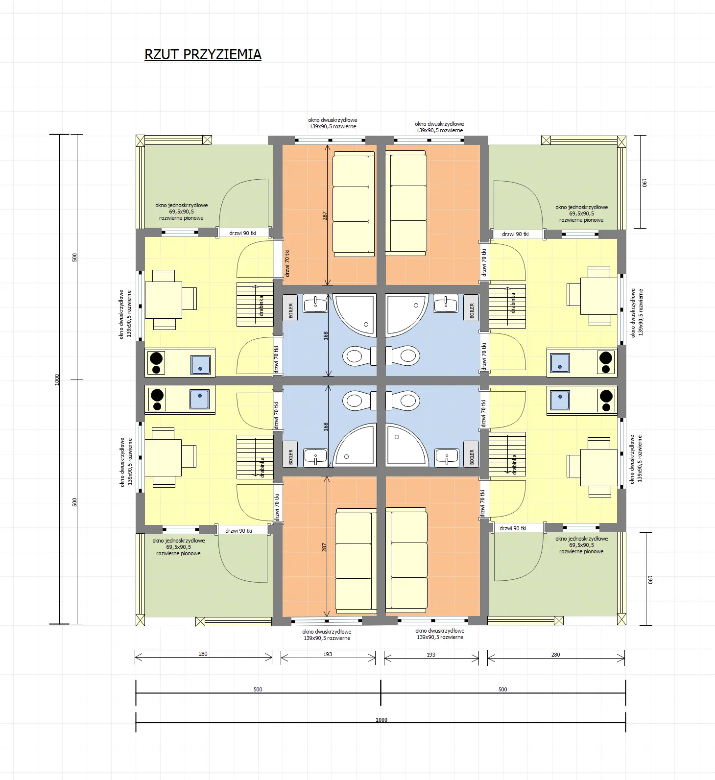 Rzut Domki W2X4 – 100 m2 – 4 domki w 1