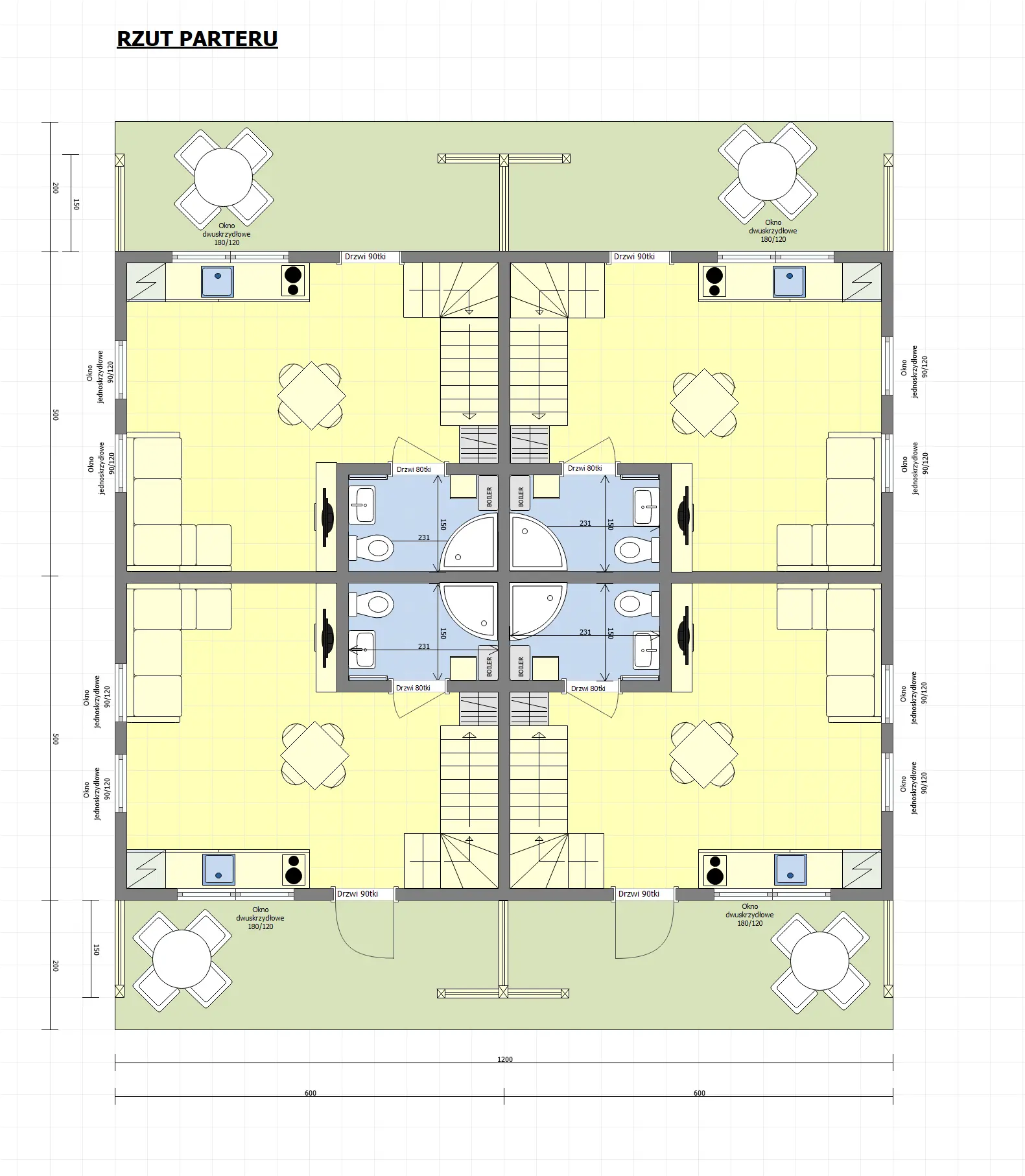 Rzut Kompleks domków pod wynajem J1X4 – 120 m2