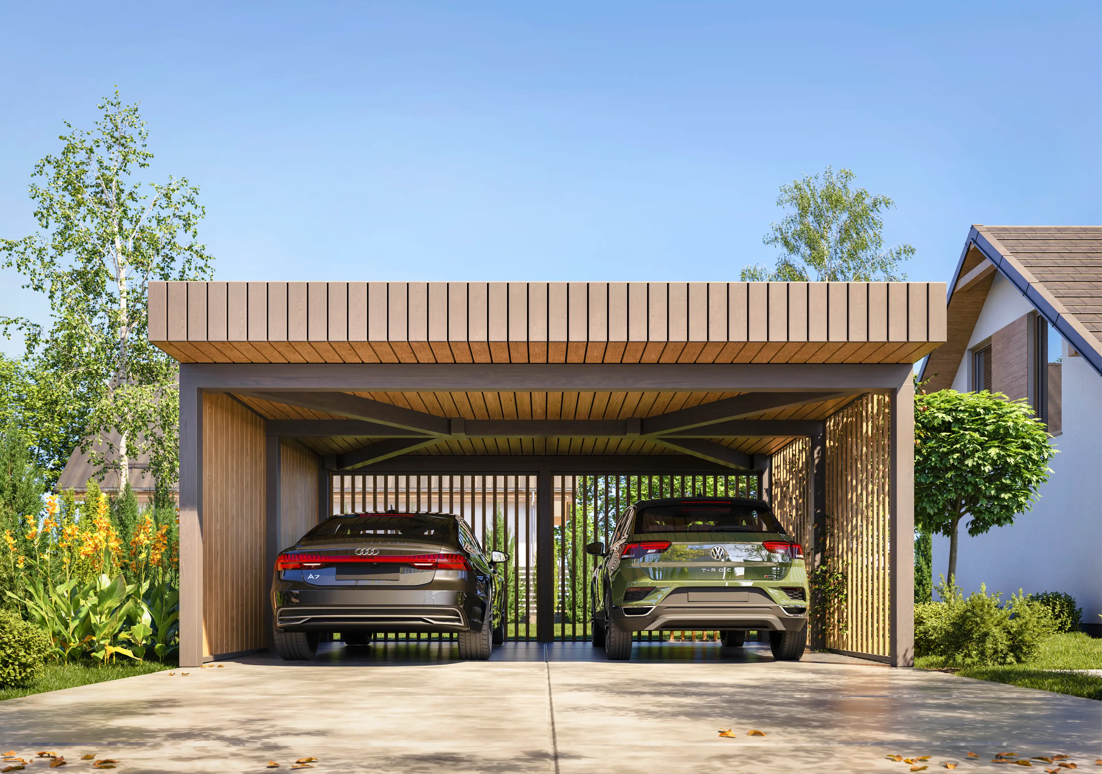 Drewniana wiata samochodowa Sara – wygodne parkowanie dla dwóch samochodów