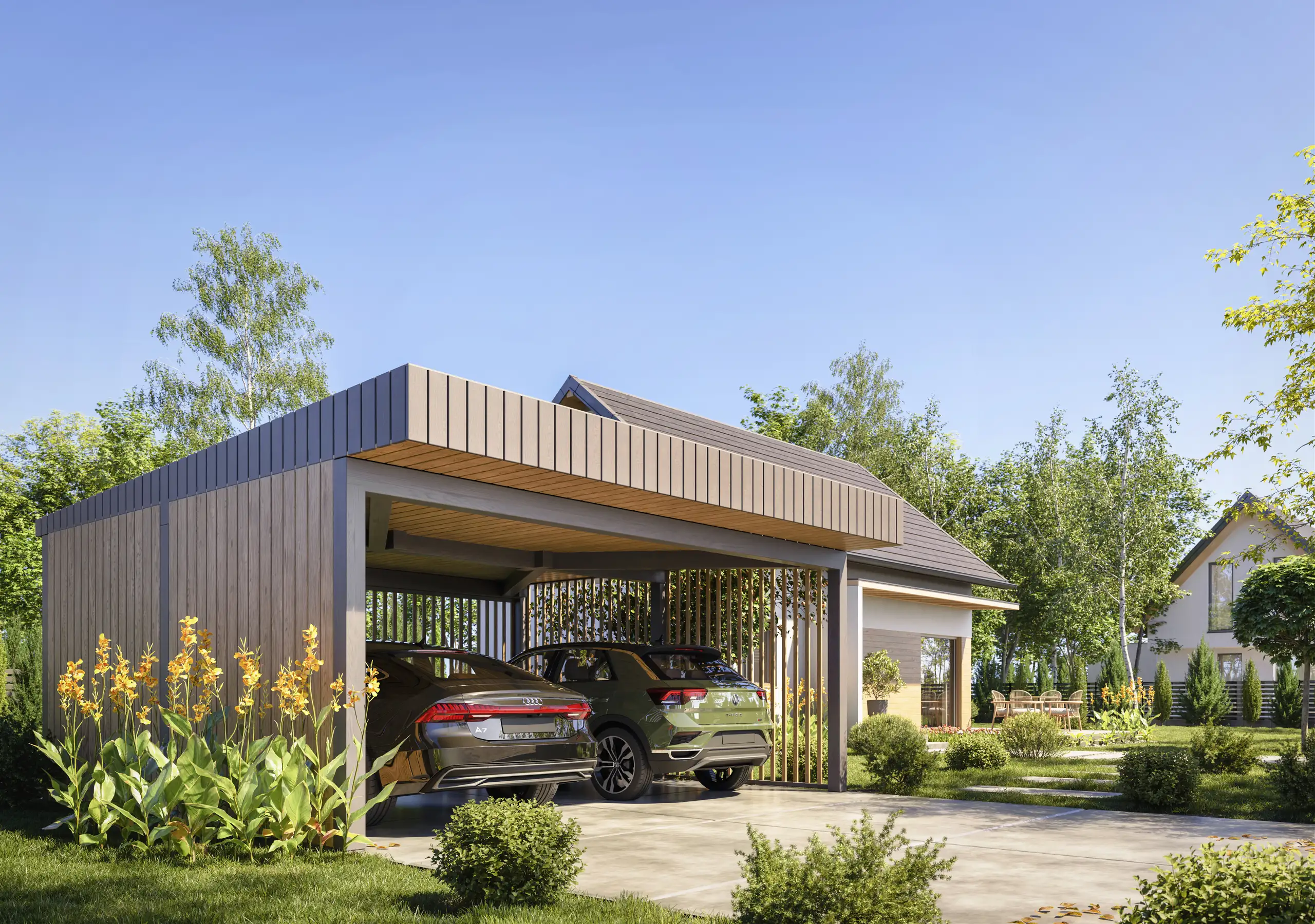 Wiata samochodowa Sara 6x5m – Nowoczesne zadaszenie dla dwóch aut