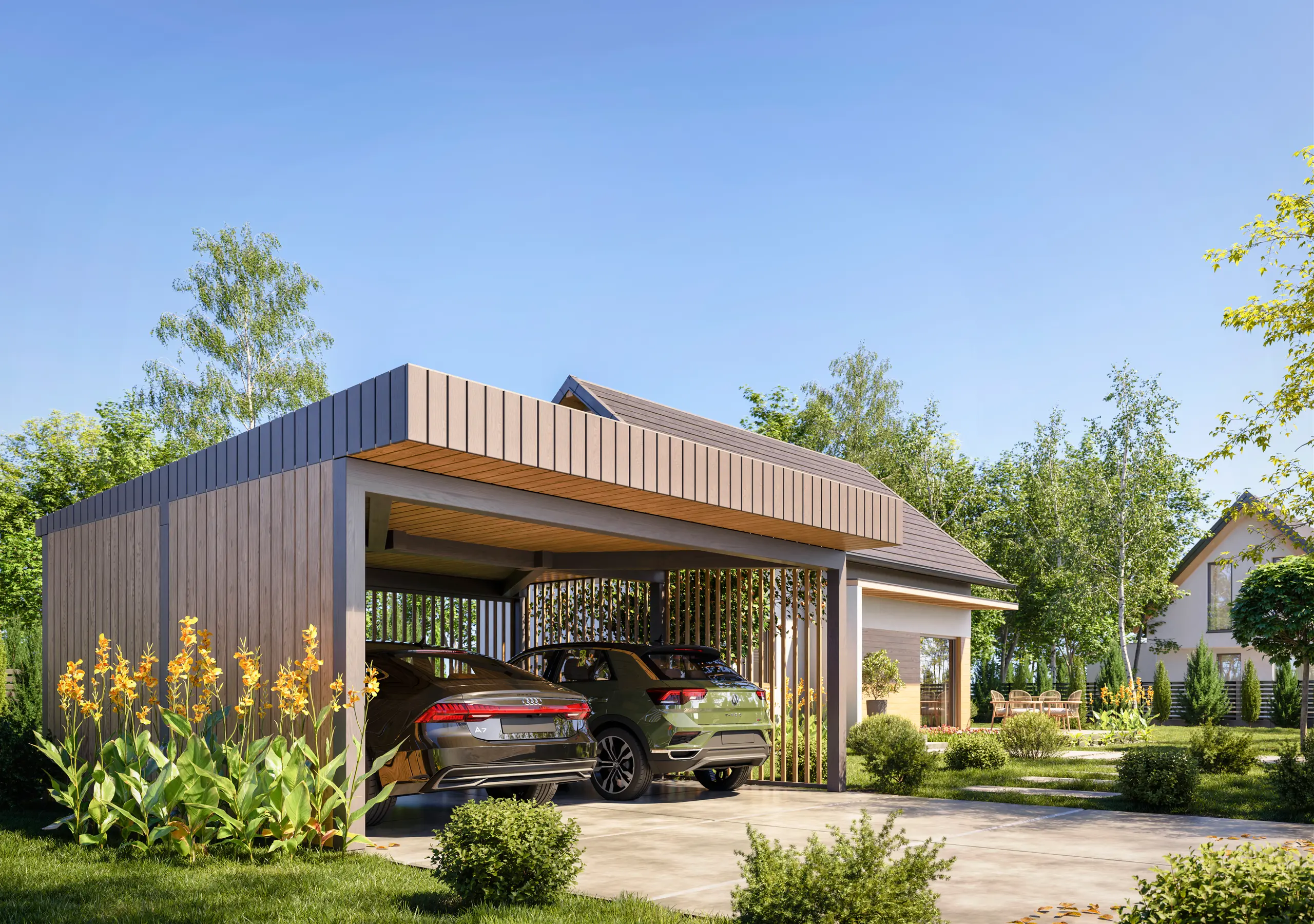 Wiata samochodowa Sara 6x5m – Nowoczesne zadaszenie dla dwóch aut
