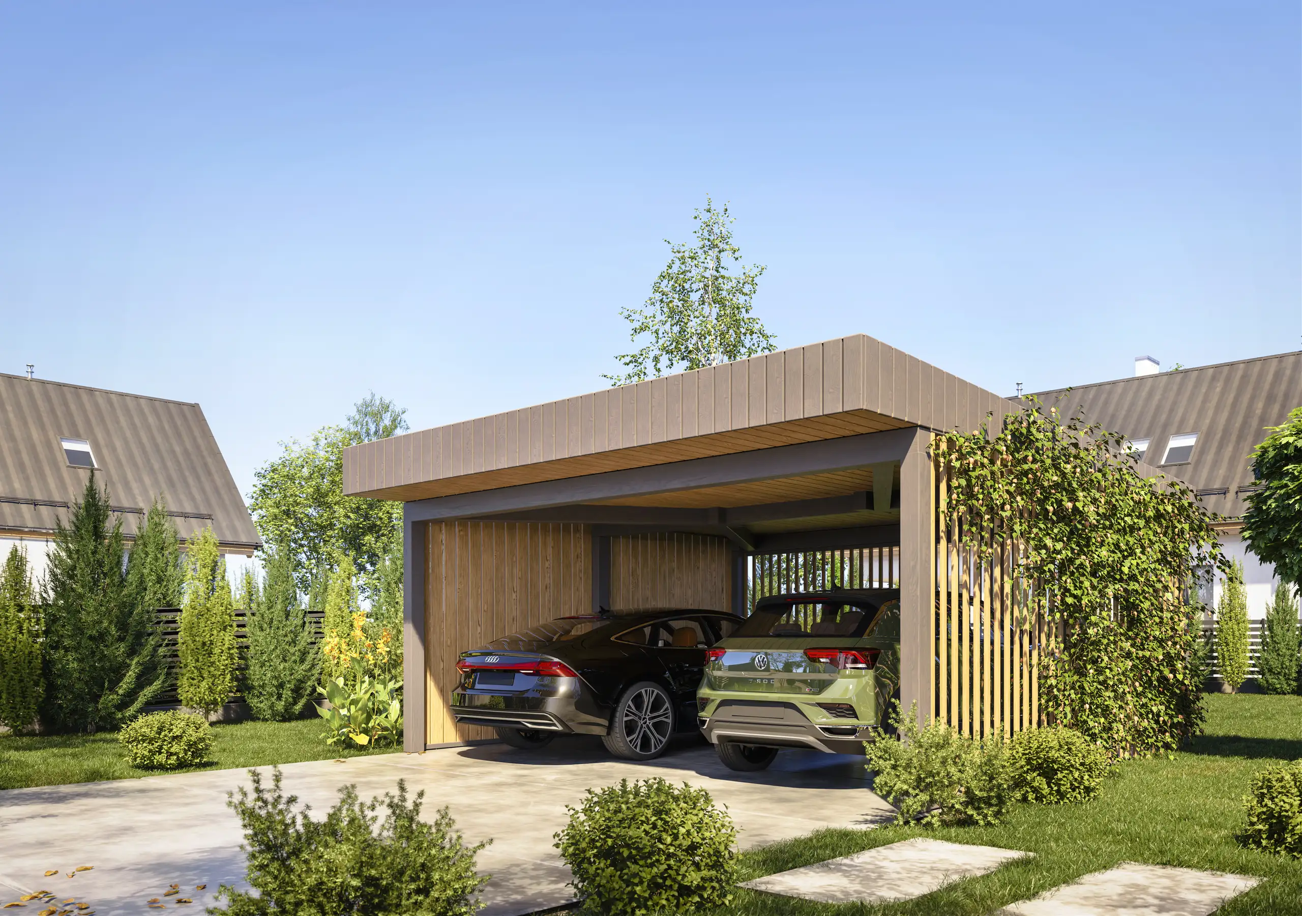 Wiata samochodowa Sara 6x5m – Nowoczesne zadaszenie dla dwóch aut