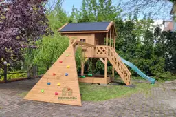 Drewniany domek ogrodowy Lolek dla dzieci, z zjeżdżalnią i huśtawką, kreatywna przestrzeń w ogrodzie