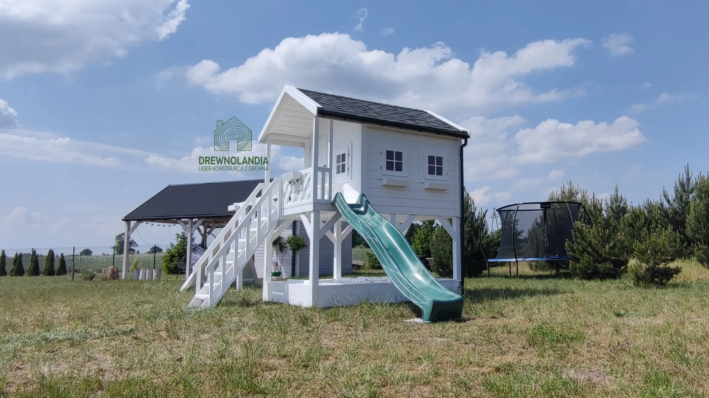 Ogrodowy domek dla dzieci Lolek, zjeżdżalnia i huśtawka, solidna drewniana konstrukcja