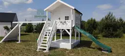 Domek ogrodowy dla dzieci ze zjeżdżalnią i huśtawką, model Lolek, pełen atrakcji