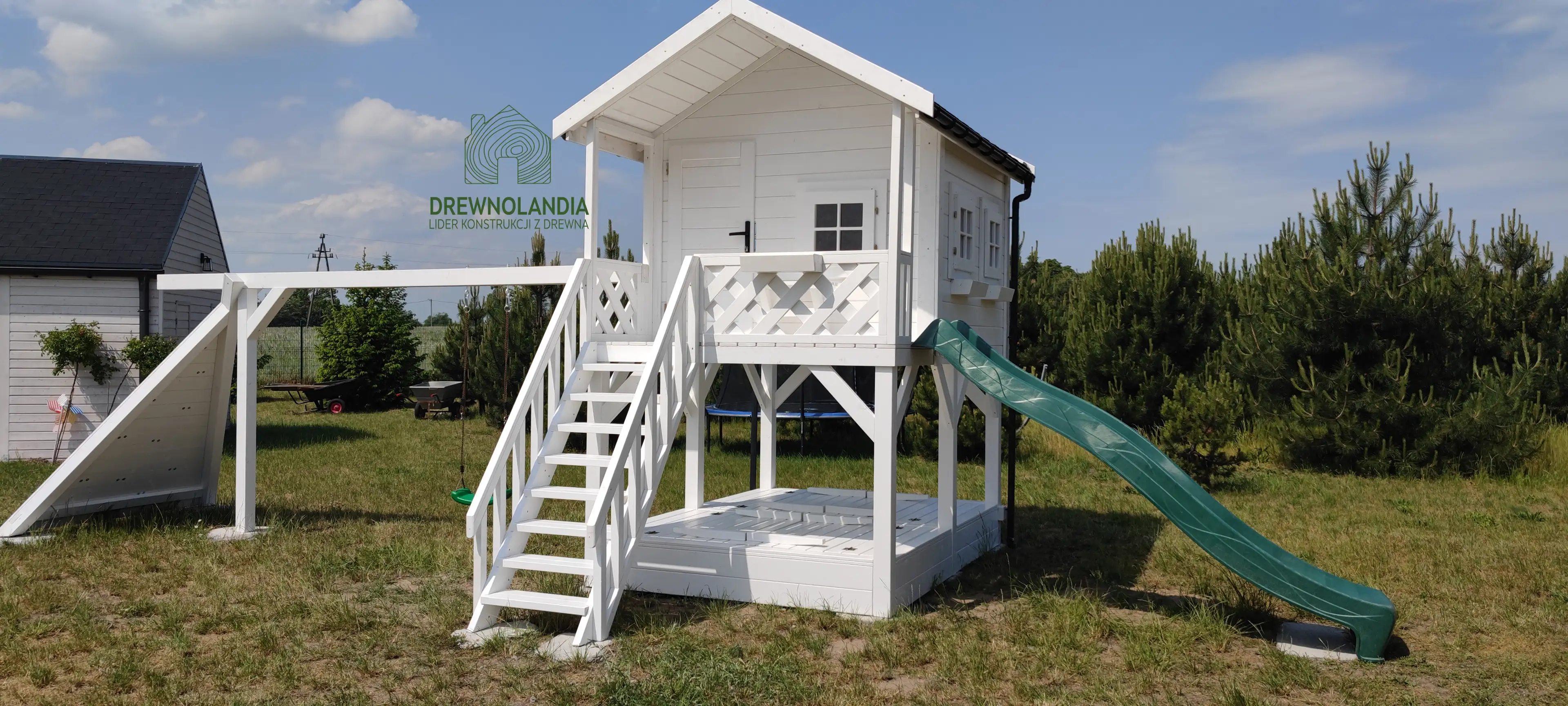 Domek ogrodowy dla dzieci ze zjeżdżalnią i huśtawką, model Lolek, pełen atrakcji
