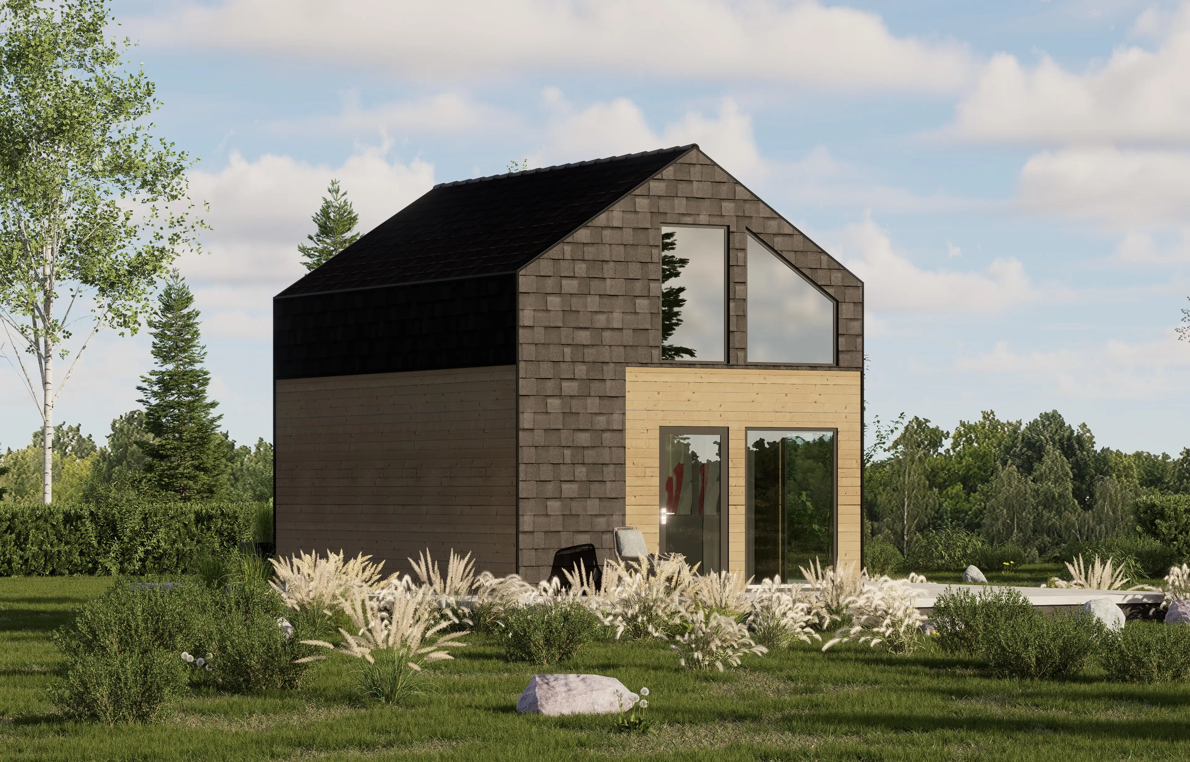 Drewniany dom Gustaw – klasyczny projekt z werandą na działkę 5x7 m