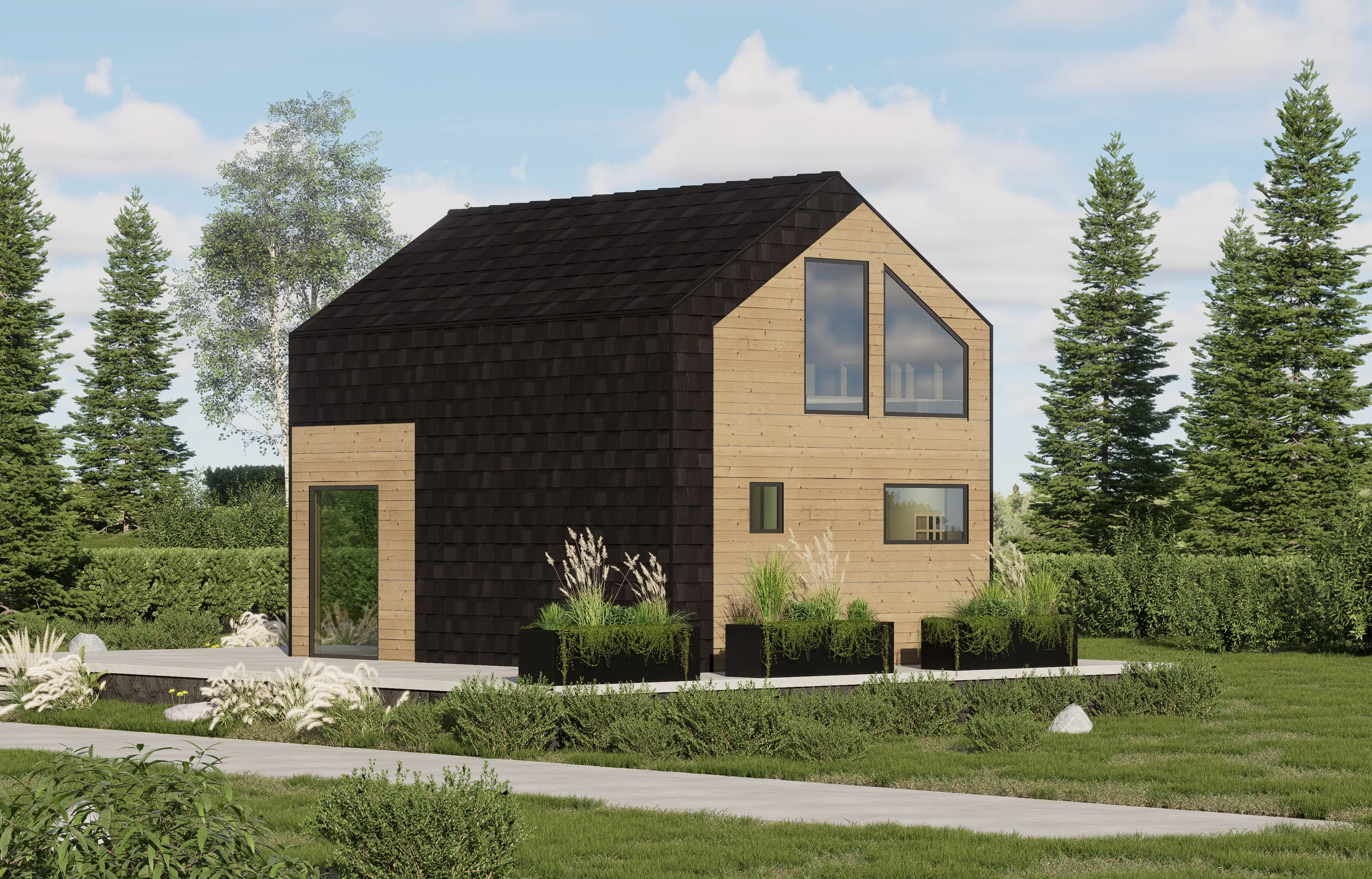 Elewacja frontowa drewnianego domu Gustaw z funkcjonalnymi oknami