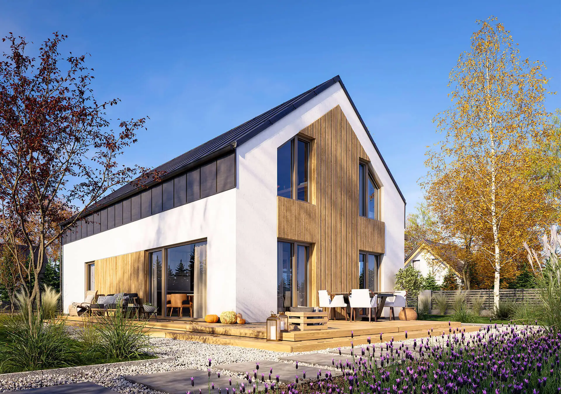 Drewniany dom szkieletowy w nowoczesnym stylu, o solidnej konstrukcji