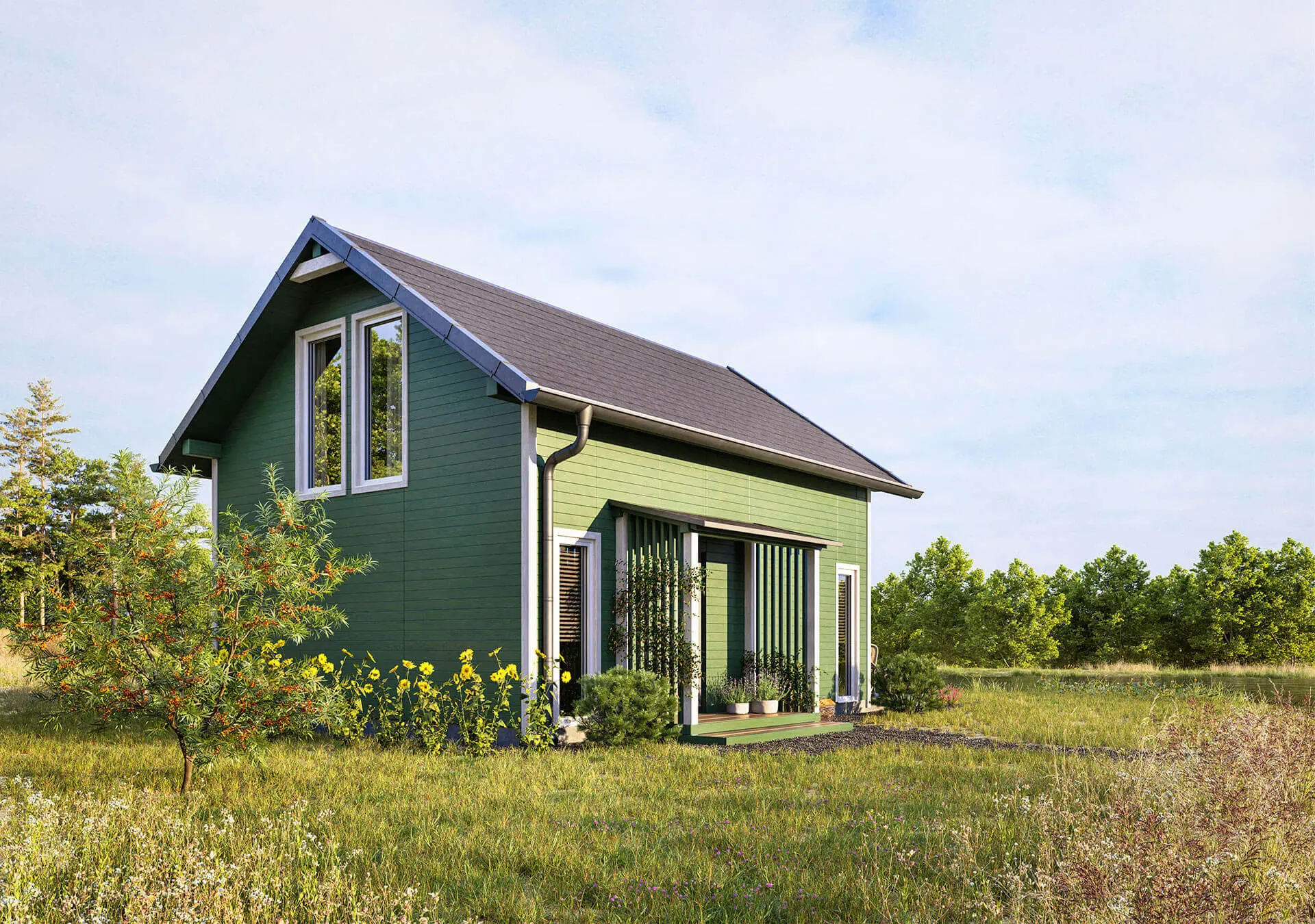 Solidny, drewniany domek całoroczny z dwuspadowym dachem i klasycznym designem