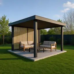 Nowoczesna altana ogrodowa z płaskim dachem i kontrastowymi słupami.
