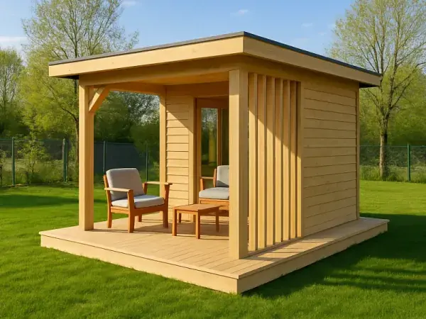 Nowoczesna, drewniana altana ogrodowa z płaskim dachem i narożnym tarasem.