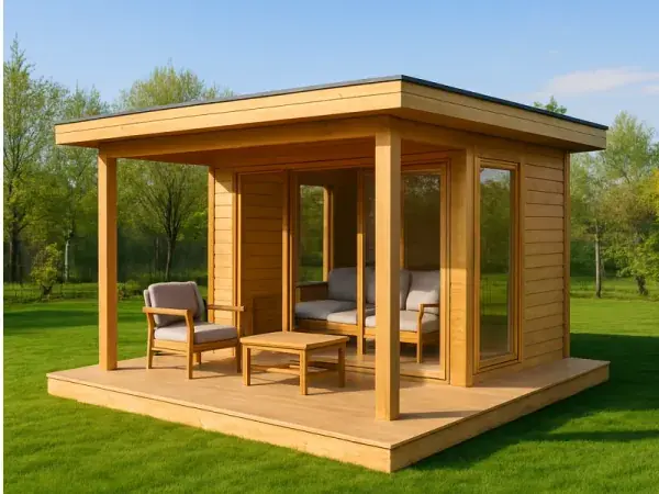 Nowoczesna drewniana altana ogrodowa z dużymi przeszkleniami i zadaszonym tarasem i z płaskim dachem.