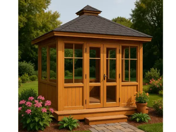 Drewniana altana ogrodowa z przeszklonymi drzwiami i oknami, czterospadowym dachem oraz dekoracyjnym wejściem
