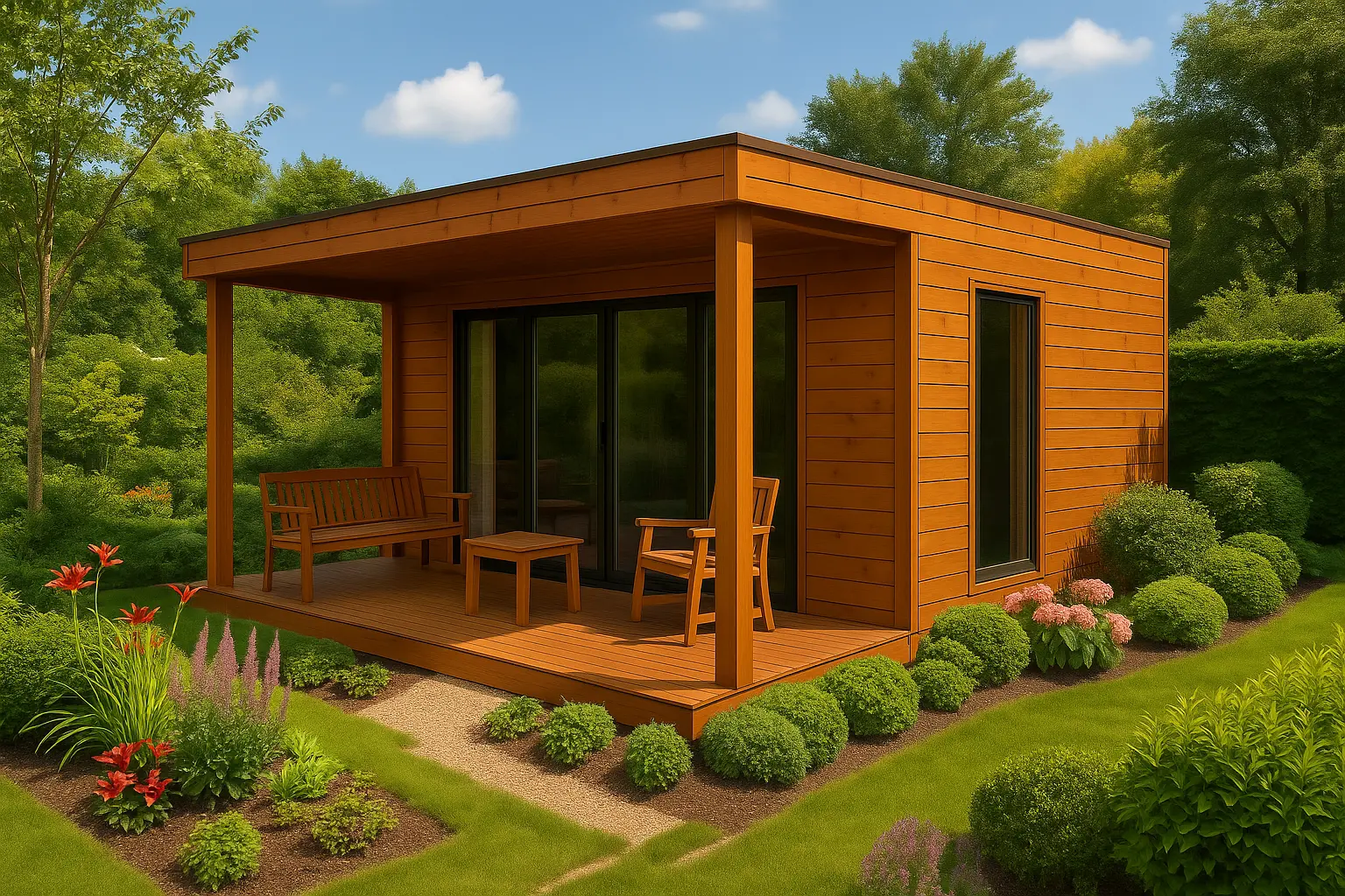 Nowoczesny drewniany domek ogrodowy z tarasem i dużym przeszkleniem. Płaskim dachem.