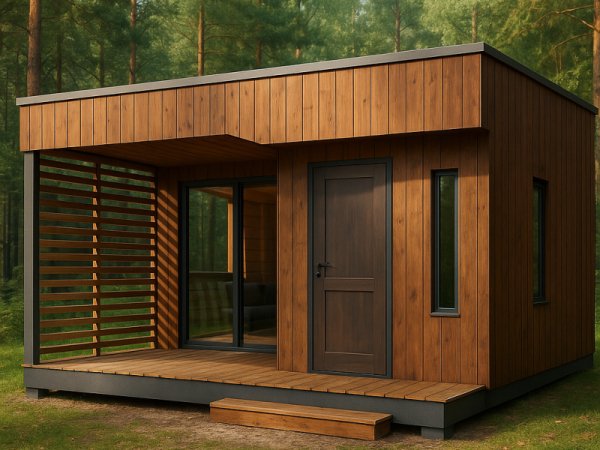Nowoczesny drewniany domek letniskowy o minimalistycznym designie, z zadaszonym tarasem i pionową elewacją.