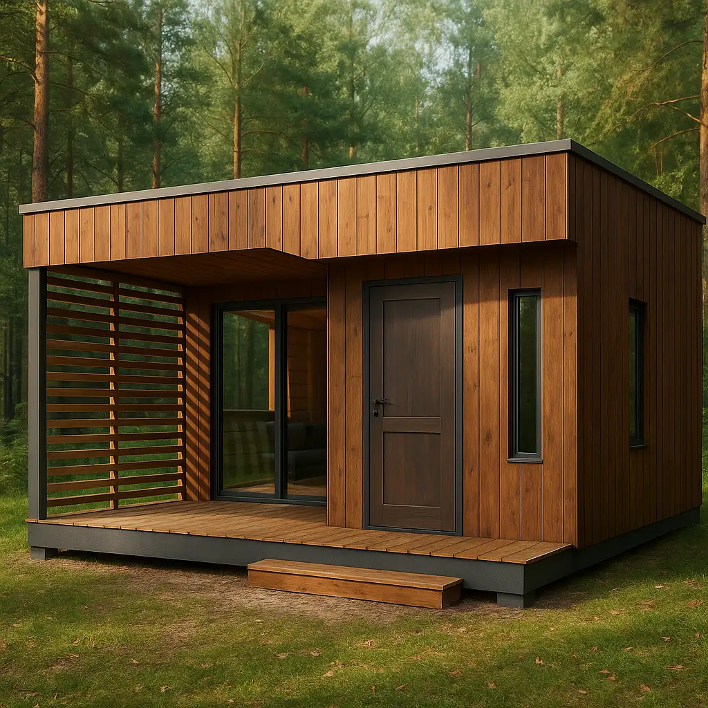 Nowoczesny drewniany domek letniskowy o minimalistycznym designie, z zadaszonym tarasem i pionową elewacją.