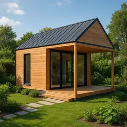 Nowoczesny domek letniskowy z antresolą. Duży, zadaszony taras. Przeszklone drzwi i okna zapewniają dostęp naturalnego światła.