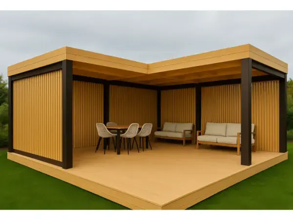 Nowoczesny pawilon ogrodowy w kształcie litery L, wykonany z solidnej konstrukcji. Przestronna altana, zabudowa lamele. 