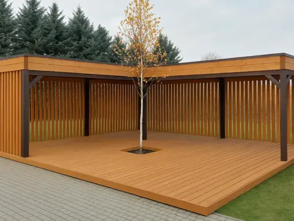 Nowoczesny pawilon ogrodowy w kształcie litery L. Przestronna altana, zabudowa lamele. Duża podłoga wystająca poza obrys altany.