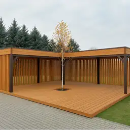Nowoczesny pawilon ogrodowy w kształcie litery L. Przestronna altana, zabudowa lamele. Duża podłoga wystająca poza obrys altany.