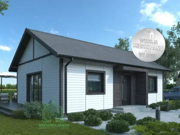 Widok frontu domu Drewnolandia 1 CRK PLUS – nowoczesny i funkcjonalny