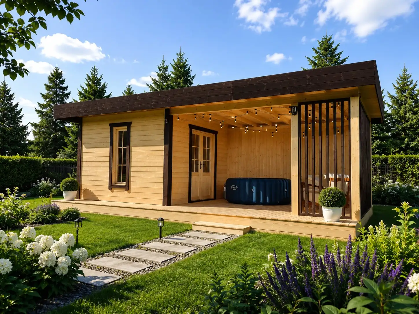 Sauna ogrodowa 8m x 3,5m z przestrzenią wypoczynkową
