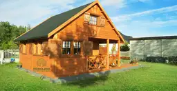 piętrowy domek letniskowy z altaną stojący na trawie przy białym płocie