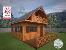 duzy domek letniskowy z balkonem na tle drzew