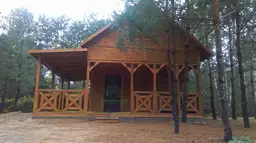 duży domek letniskowy z werandą i gankiem w lesie