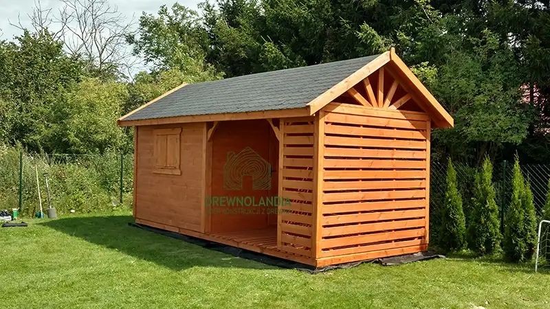 Drewniany domek na narzędzia z drewutnią Kuba 7x2m 