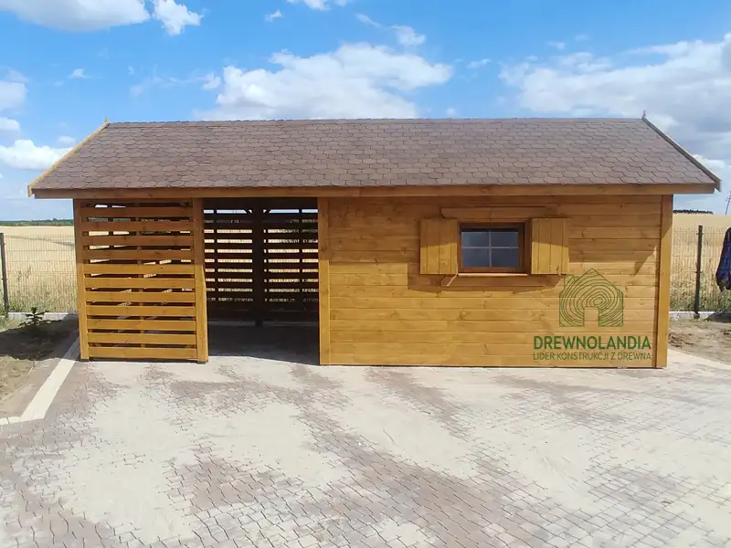 Drewniany domek na narzędzia z drewutnią Kuba 7x2m 