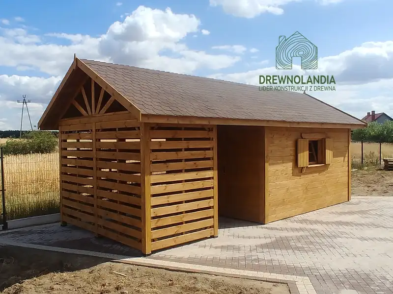 Drewniany domek na narzędzia z drewutnią Kuba 7x2m 
