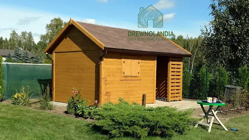 Drewniany domek na narzędzia z drewutnią Kuba 7x2m 